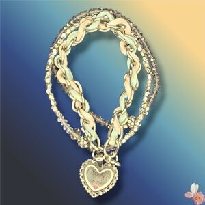 Boho Silver Chain Aqua Suede Fabric Layered Bracelet Set 3pc 314